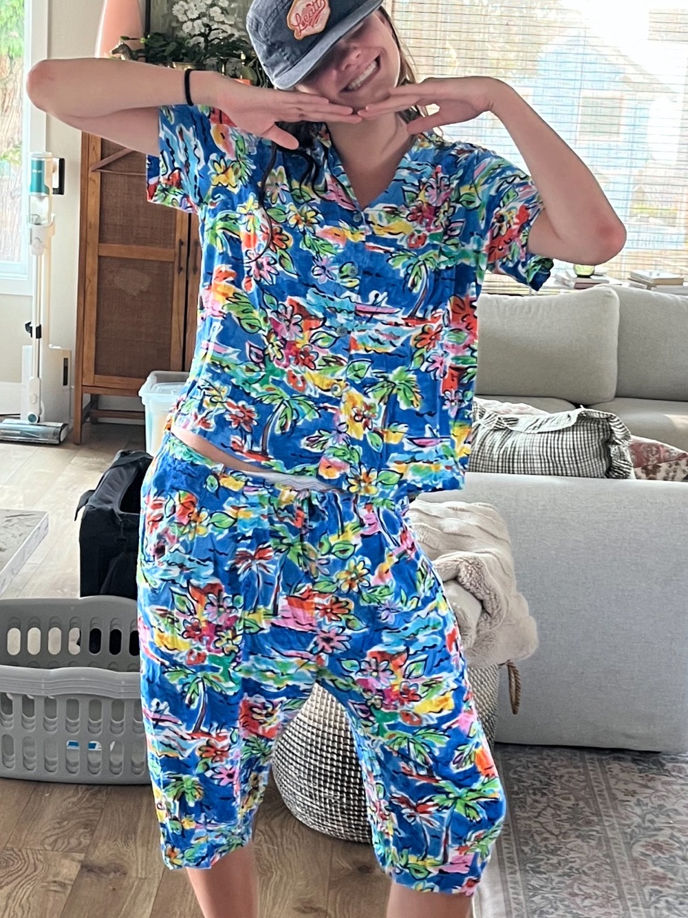 VTG Jams World 80s 90s Abstract Floral Tropical Geometric 2pc Pant Set Matching